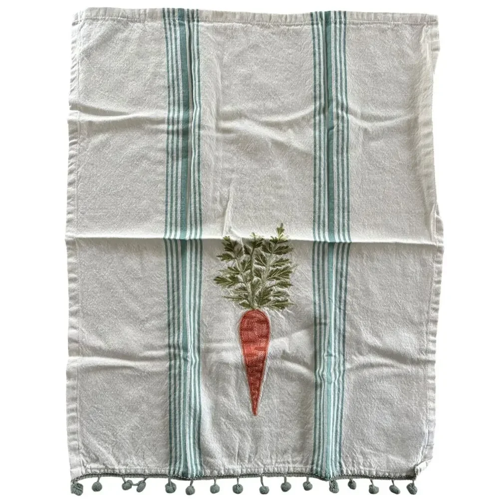 The Prairie by Rachel Ashwell Carrot Embroidered Kitchen Towels Pom Trim Set